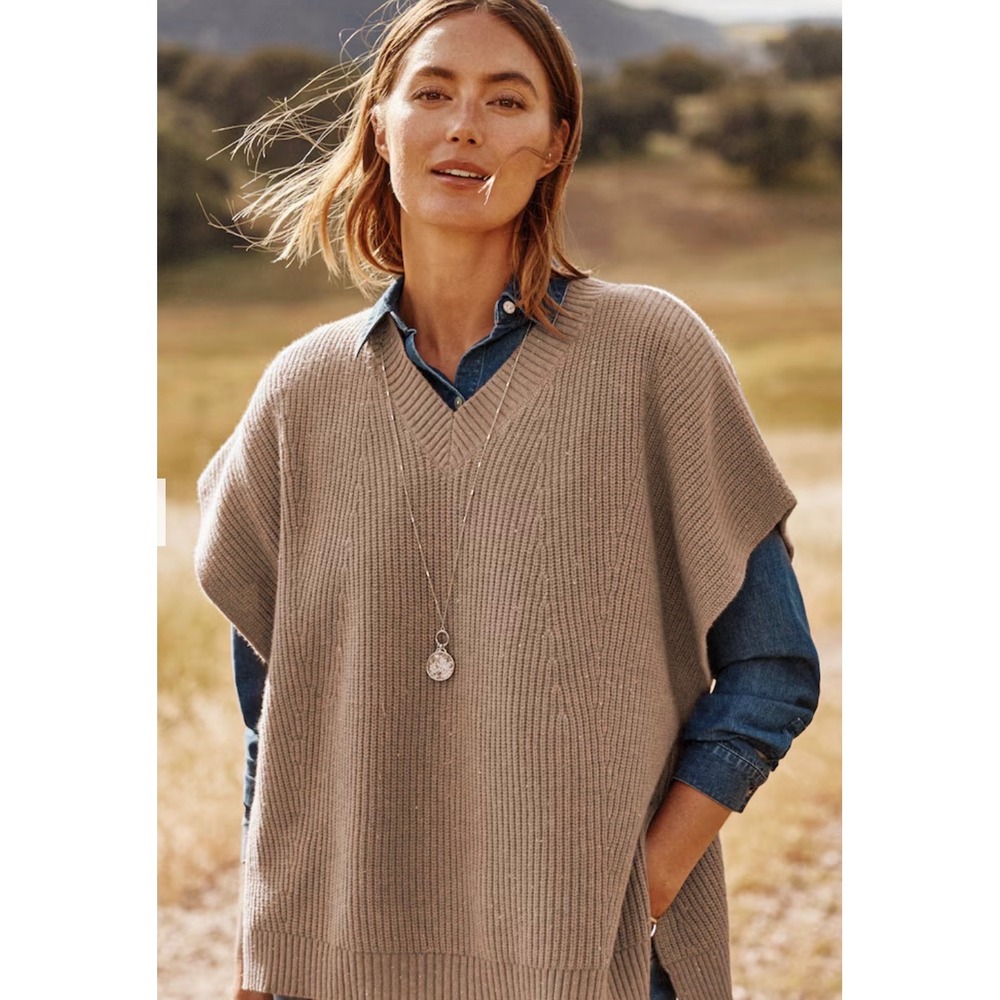 J. Jill Women Taupe Brown Ribbed V-Neck Sweater Poncho Oversized S/L New